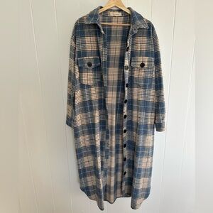 The Foxy Kind Long Plaid Blue & Cream Soft Brushed Flannel Button Down Shacket